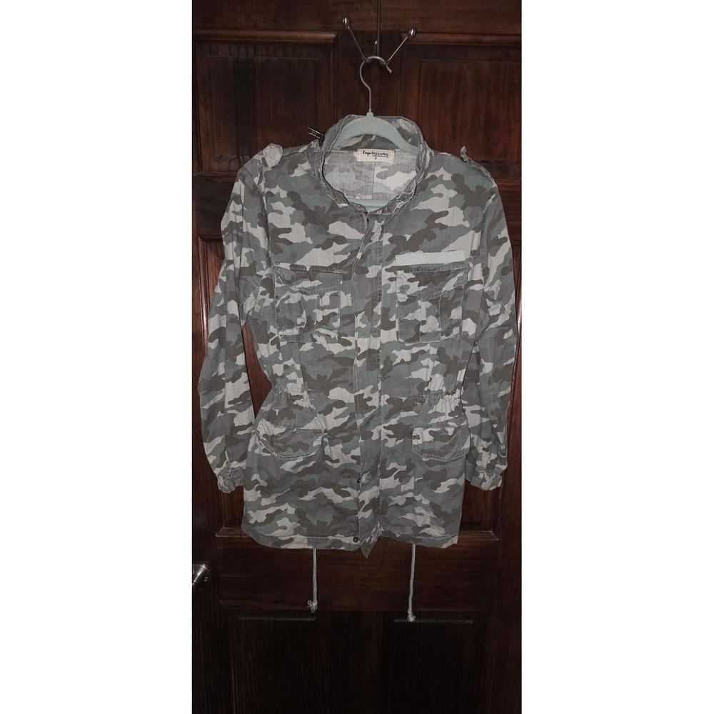 Impressions Camo Utility Jacket Green Grey Full Zip Drawstring Waist Small